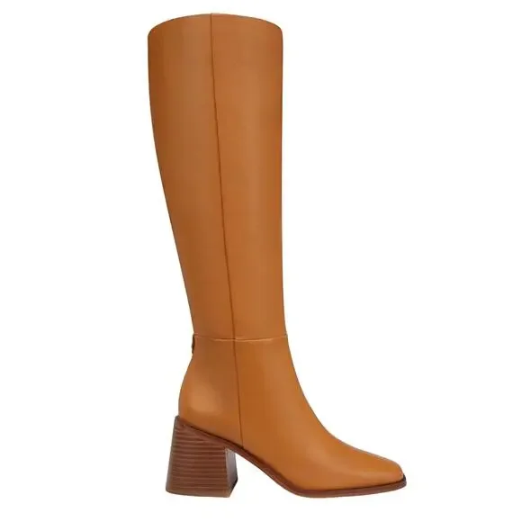 Sam Edelman Wade Knee High Tall Boot Sz 7.5 Brown Leather Block Heel Square Toe